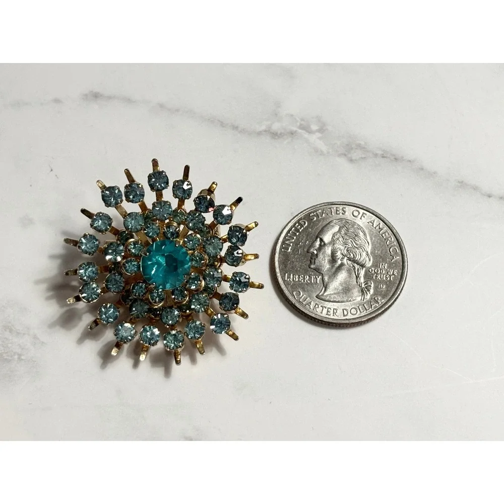 Vintage Coro Blue Rhinestone Starburst Brooch Gold Tone Sunburst Pin Teal Aqua